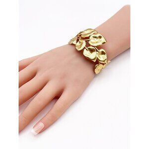 Stella & Dot Esmee Gold Tone Leaf/Vine Motif Wide Boho Cuff Bracelet Adjustable